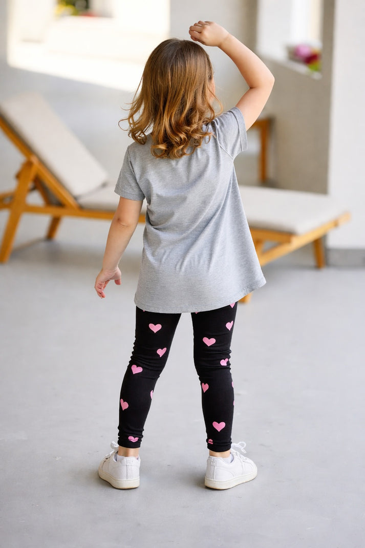 Grey Cat with Black Hearts Printed Half Sleeves Kids Suit