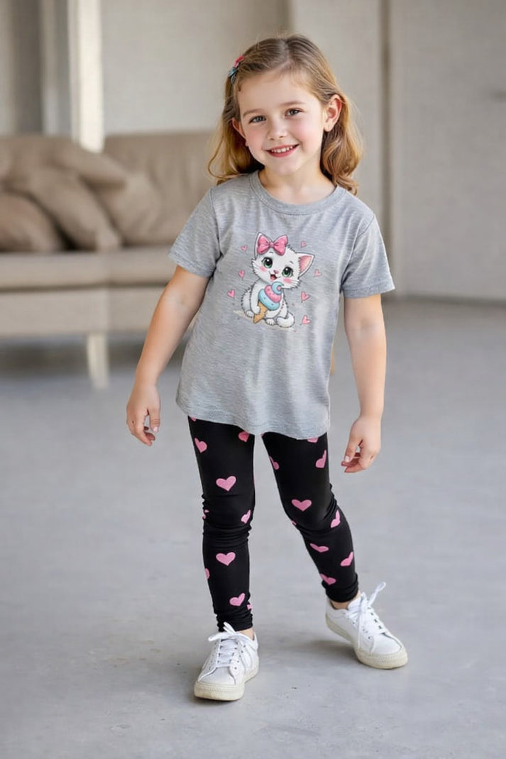 Grey Cat with Black Hearts Printed Half Sleeves Kids Suit