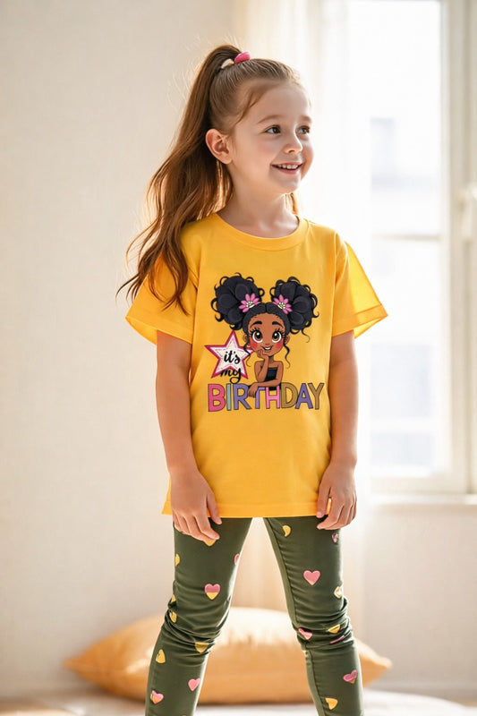 Yellow Birthday with Green Hearts Printed Half Sleeves Kids Suit