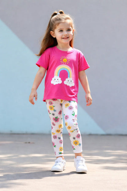 Dark Pink Rainbow with Multi Flowers Printed Half Sleeves Kids Suit