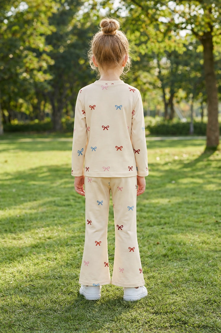 Off White Multi Bow with Multi Bow Palazzo Full Sleeves Kids Suit