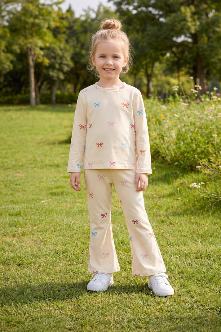 Off White Multi Bow with Multi Bow Palazzo Full Sleeves Kids Suit