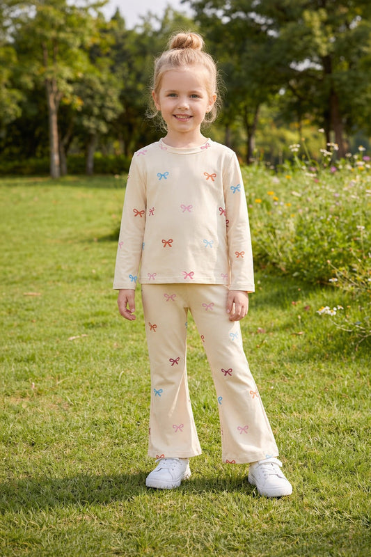 Off White Multi Bow with Multi Bow Palazzo Full Sleeves Kids Suit