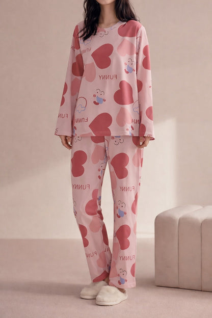 Pink All Over Multi BIG Hearts Full Sleeves PJ Set For Her