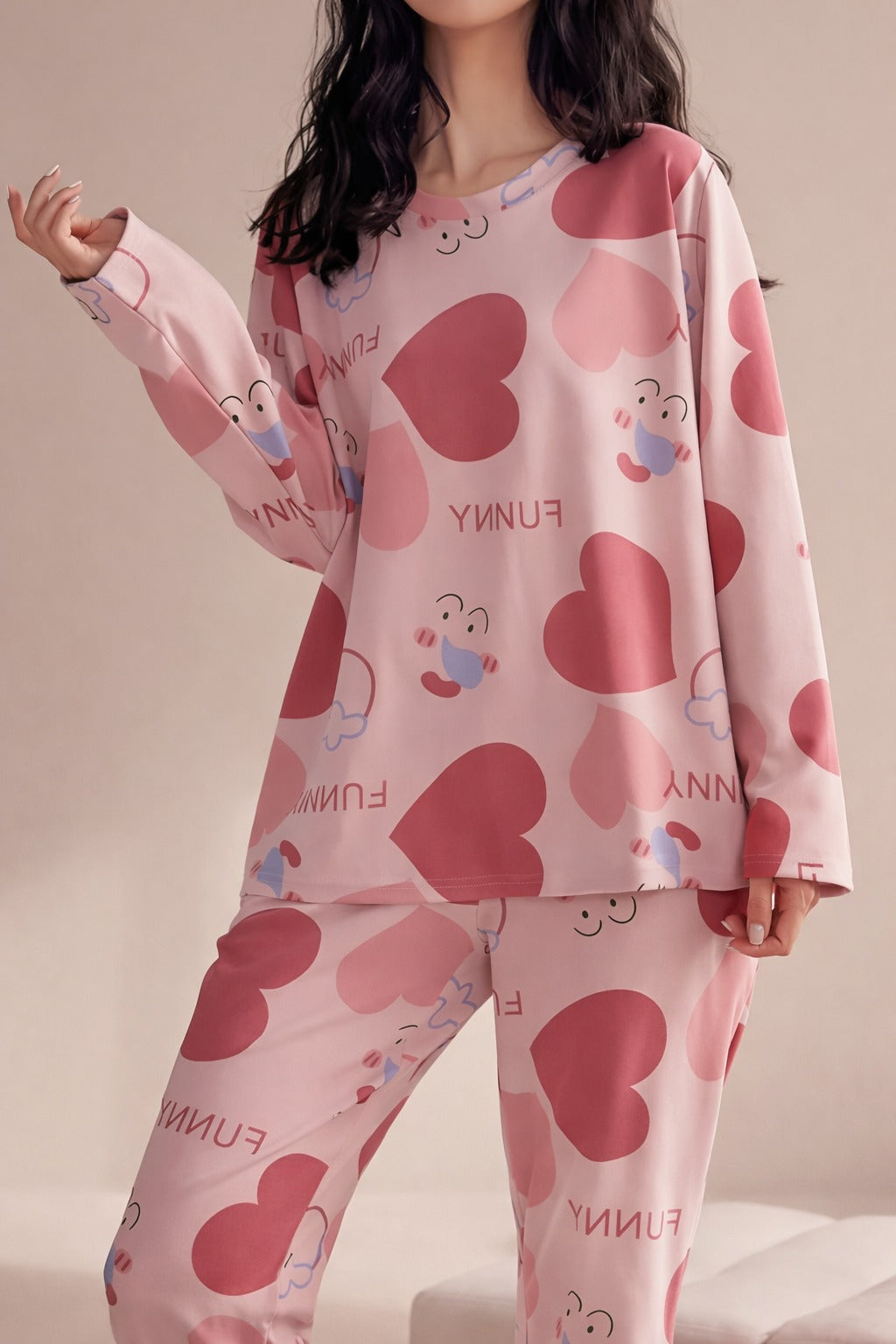 Pink All Over Multi BIG Hearts Full Sleeves PJ Set For Her