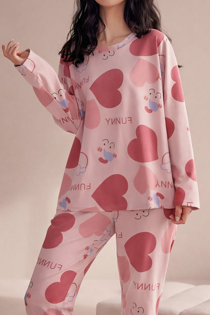 Pink All Over Multi BIG Hearts Full Sleeves PJ Set For Her