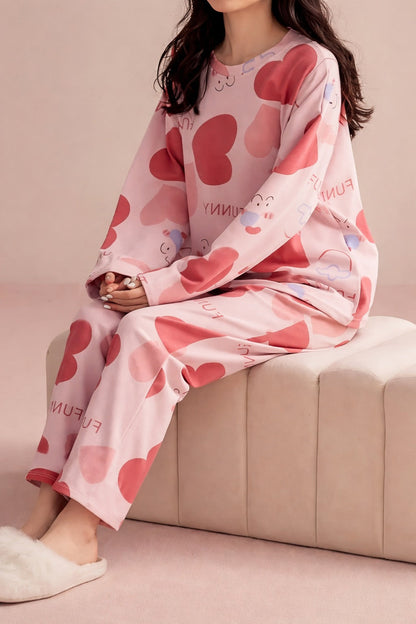 Pink All Over Multi BIG Hearts Full Sleeves PJ Set For Her