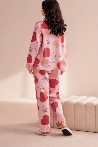 Pink All Over Multi BIG Hearts Full Sleeves PJ Set For Her