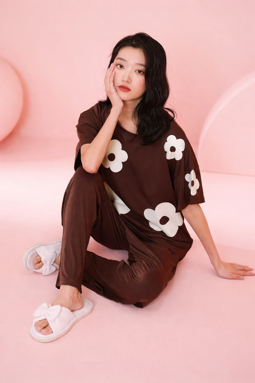 Brown Daisy Flowers Printed PJ Set For Her