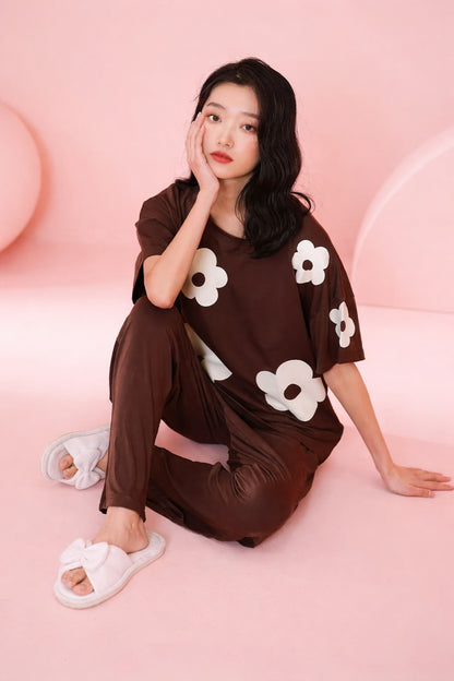 Brown Daisy Flowers Printed PJ Set For Her