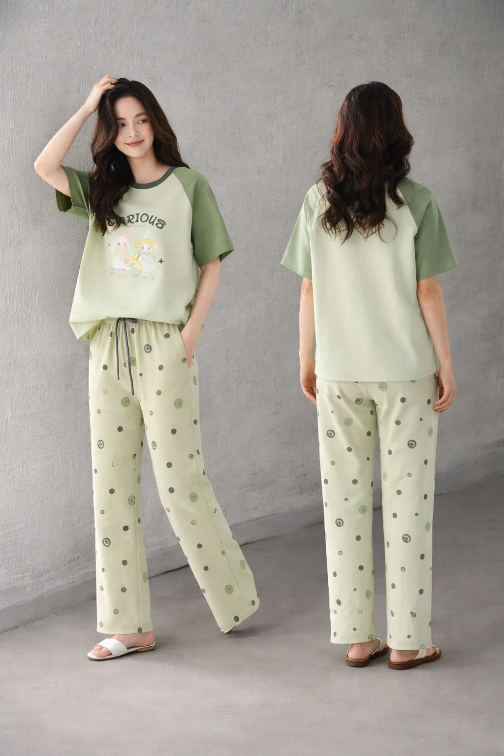 Olive Green Carious Printed PJ Set For Her