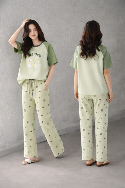 Olive Green Carious Printed PJ Set For Her