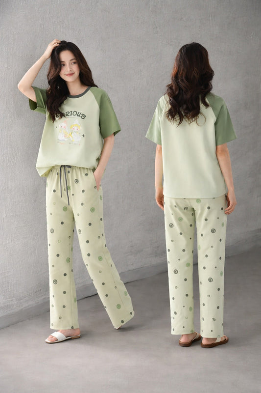 Olive Green Carious Printed PJ Set For Her