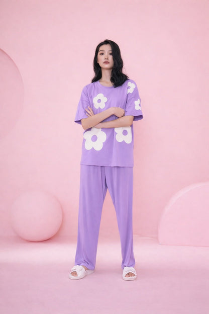 Lilac Daisy Flowers Printed PJ Set For Her