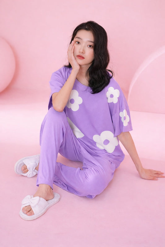 Lilac Daisy Flowers Printed PJ Set For Her