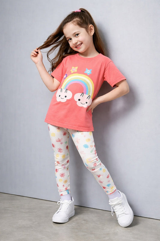 T Pink Rainbow with White Multi Stars Printed Half Sleeves Kids Suit