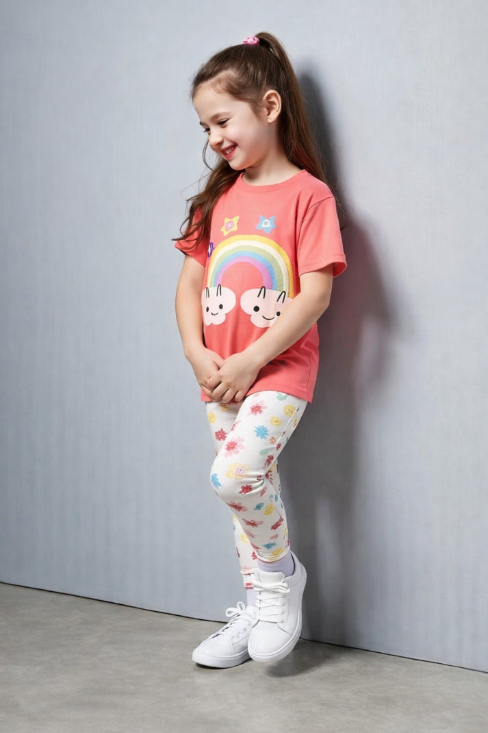 T Pink Rainbow with White Multi Stars Printed Half Sleeves Kids Suit