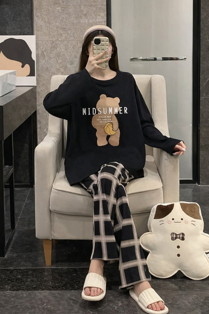 Black Summer Bear Printed with Cheq Printed Full Sleeves PJ Set For Her