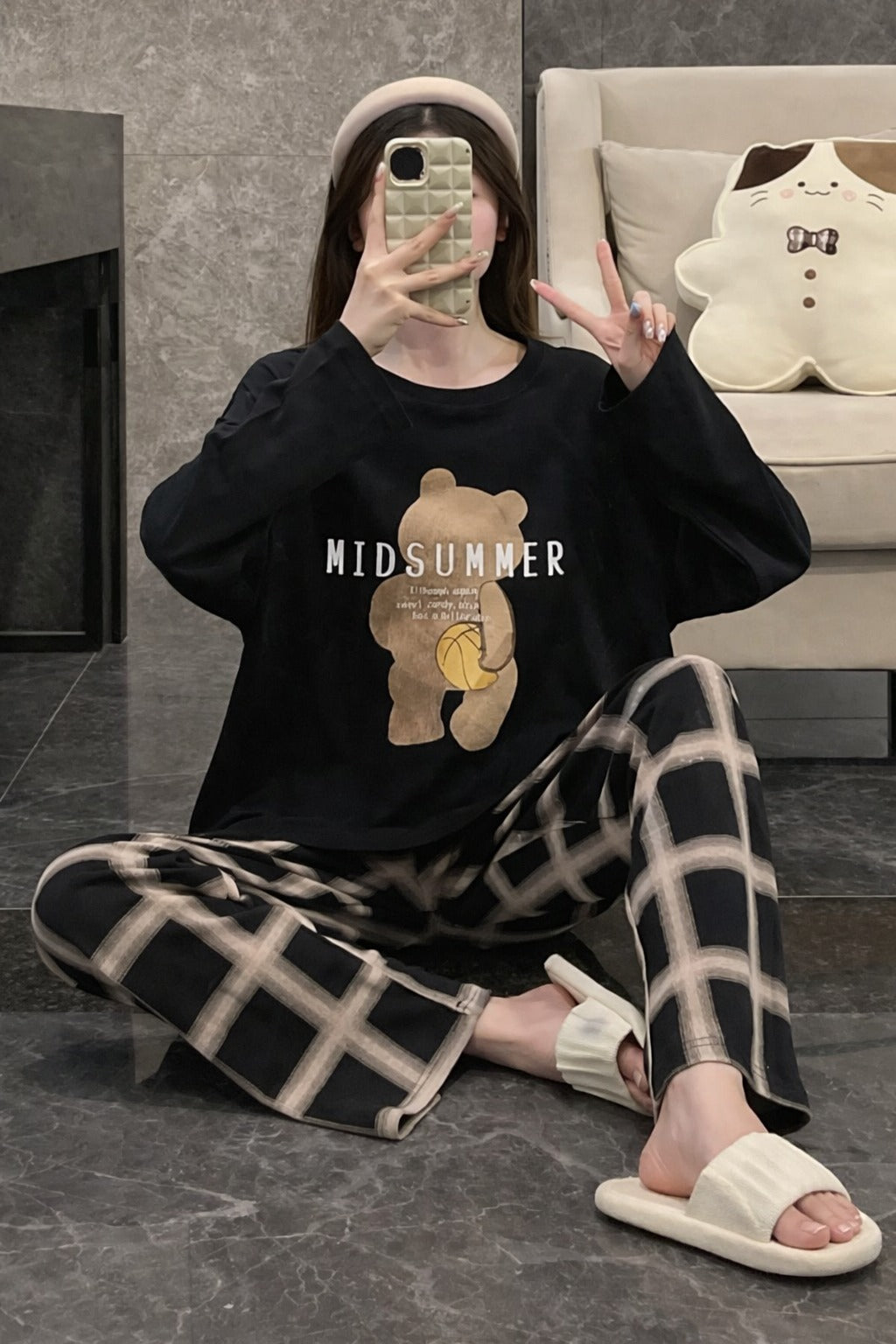 Black Summer Bear Printed with Cheq Printed Full Sleeves PJ Set For Her