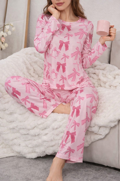 Pink All Over Bow Full Sleeves Printed PJ Set For Her