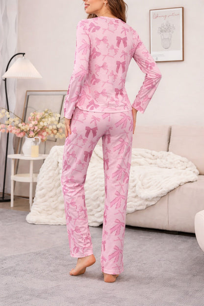 Pink All Over Bow Full Sleeves Printed PJ Set For Her