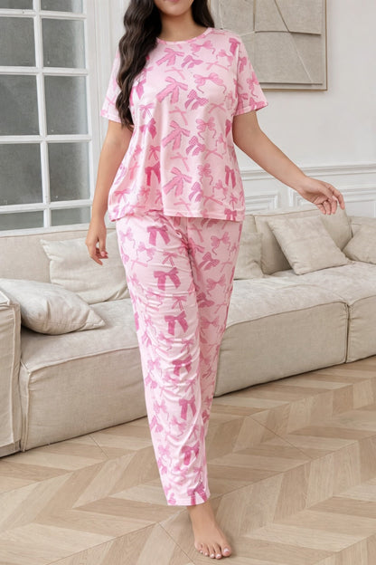 Pink All Over Bow Half Sleeves Printed PJ Set For Her