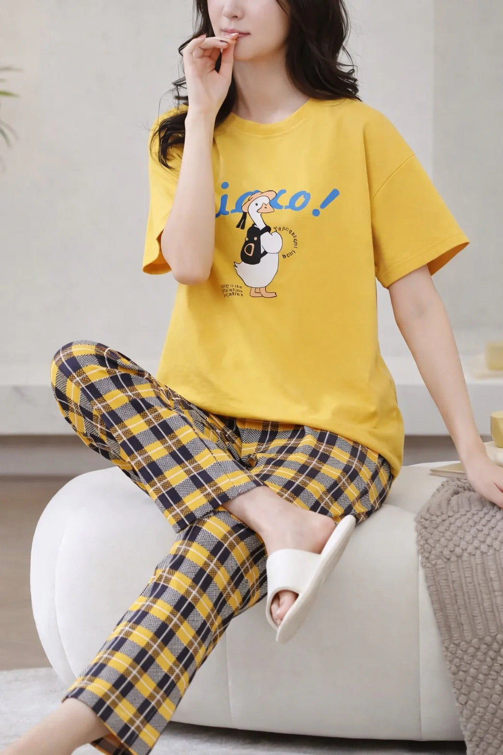 Yellow Cute Duck Half Sleeves Printed PJ Set For Her