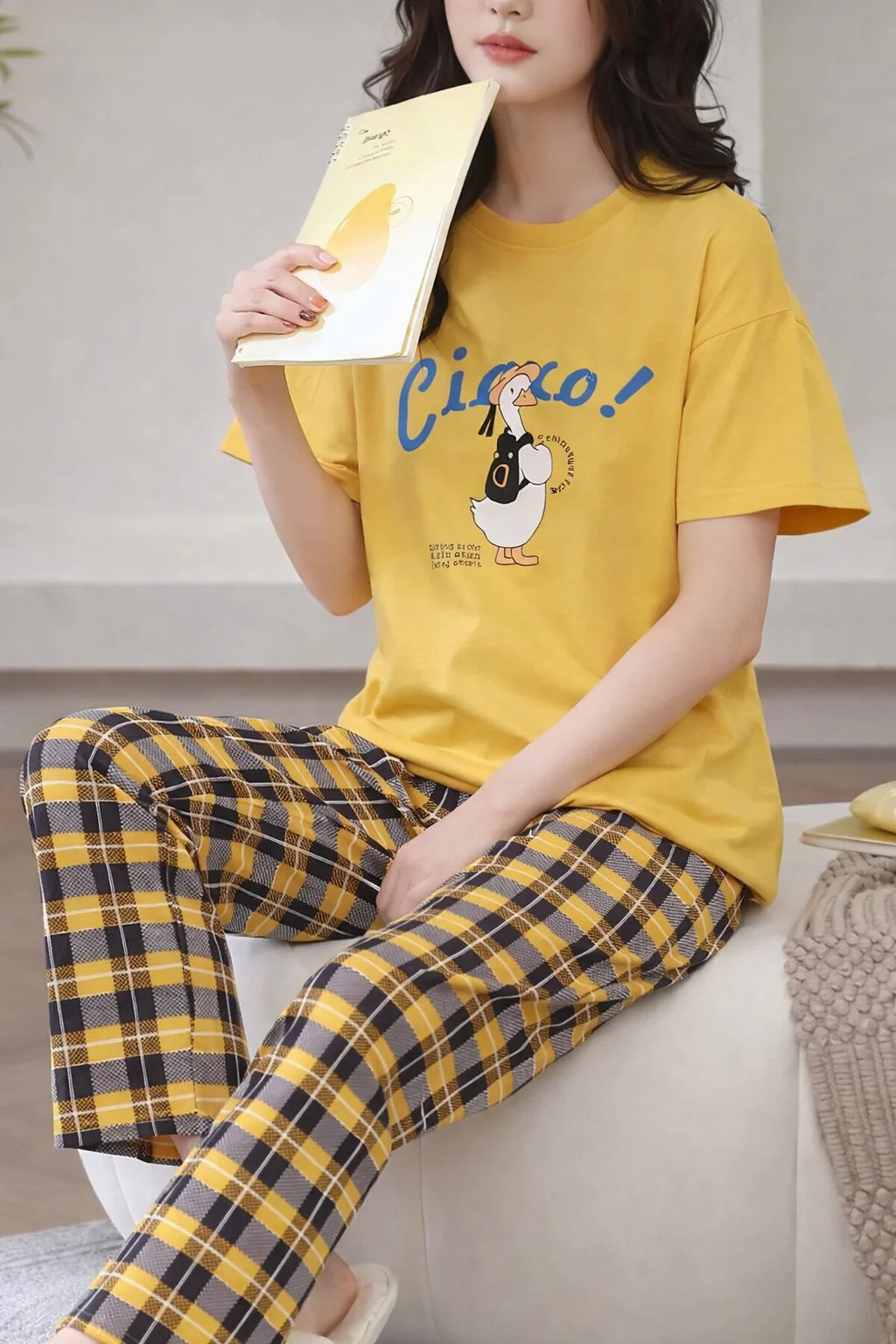 Yellow Cute Duck Half Sleeves Printed PJ Set For Her