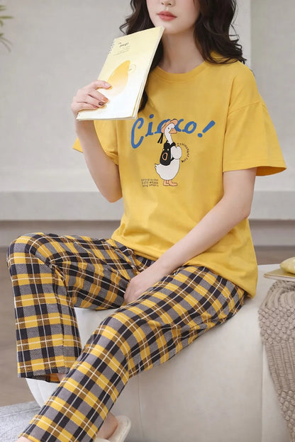 Yellow Cute Duck Half Sleeves Printed PJ Set For Her