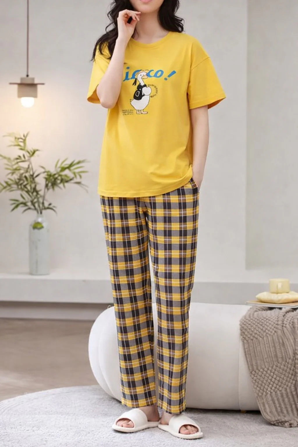 Yellow Cute Duck Half Sleeves Printed PJ Set For Her