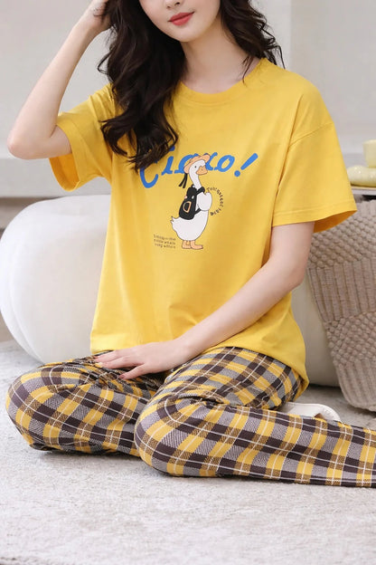 Yellow Cute Duck Half Sleeves Printed PJ Set For Her