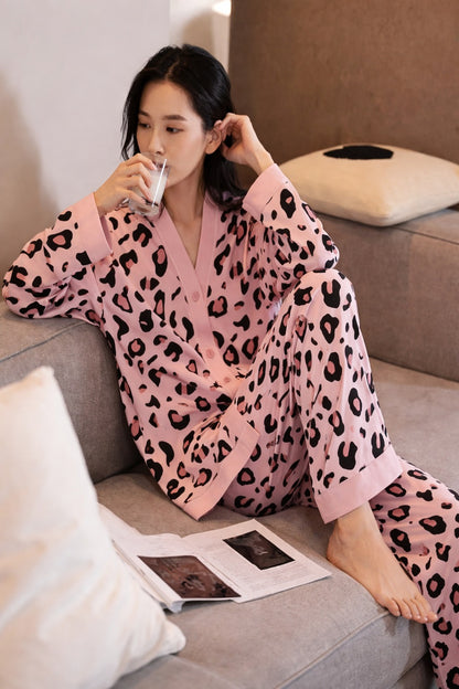 Baby Pink with Cheetah Printed V-Neck Button Printed PJ Set For Her