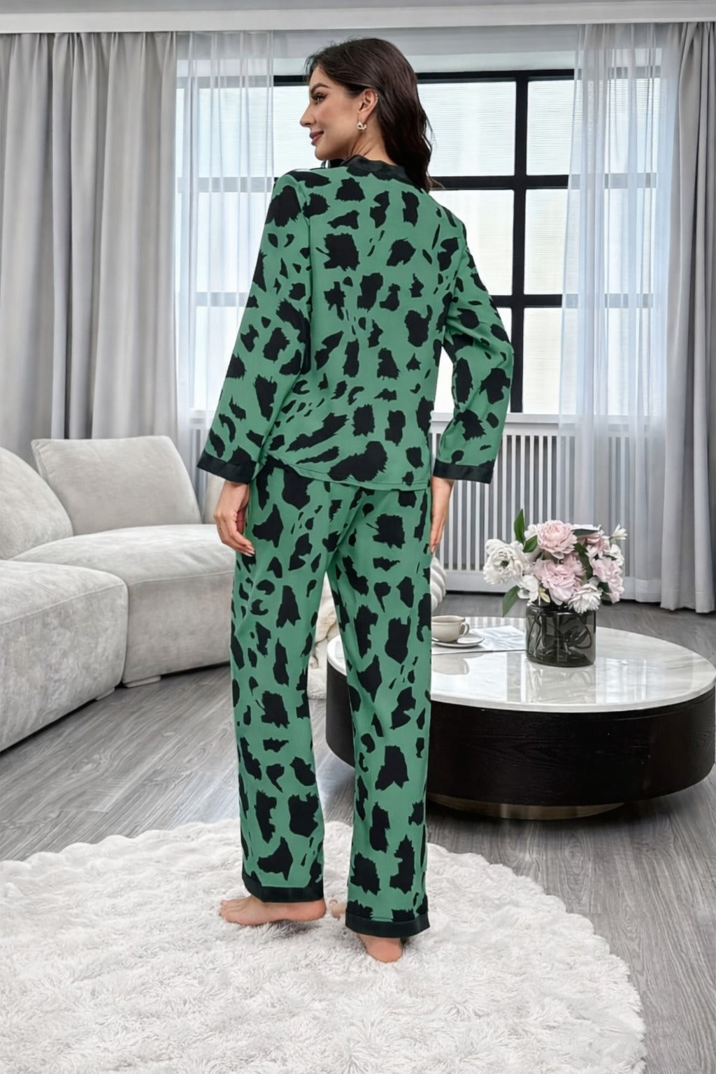 Dark Green with Cheetah Printed V-Neck Button Printed PJ Set For Her