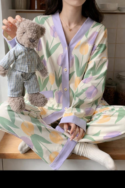 Off White with Multi Flowers Printed V-Neck Button Printed PJ Set For Her