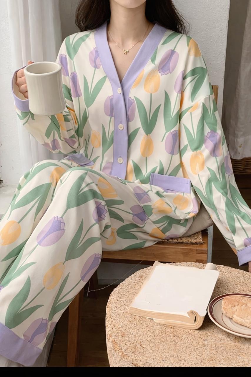 Off White with Multi Flowers Printed V-Neck Button Printed PJ Set For Her