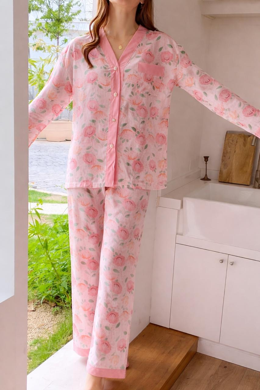 Baby Pink All Over Flowers Printed V-Neck Button Printed PJ Set For Her