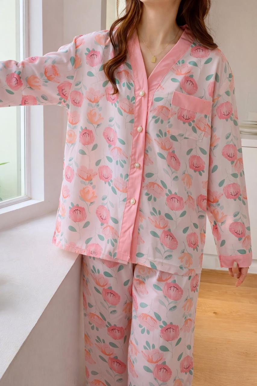 Baby Pink All Over Flowers Printed V-Neck Button Printed PJ Set For Her