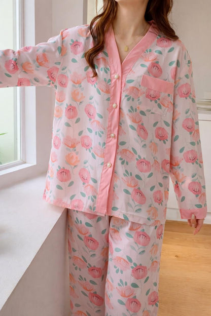 Baby Pink All Over Flowers Printed V-Neck Button Printed PJ Set For Her