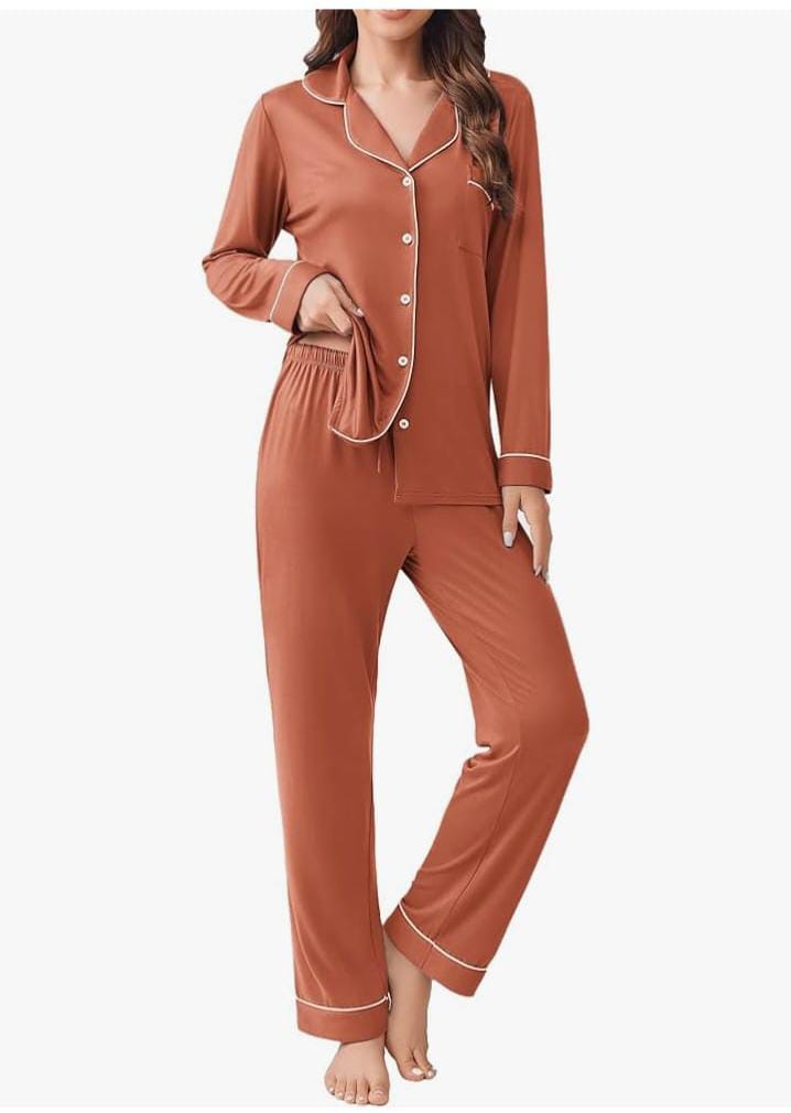 Brown Button Down PJ Set For Her