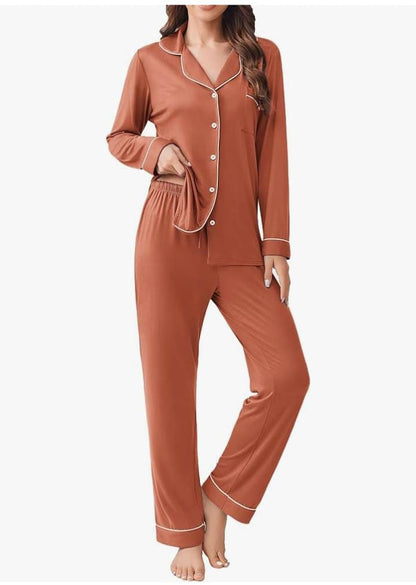 Brown Button Down PJ Set For Her