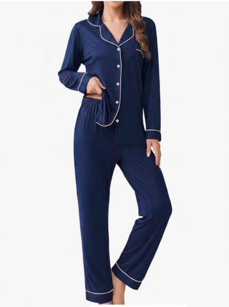 Navy Blue Button Down PJ Set For Her