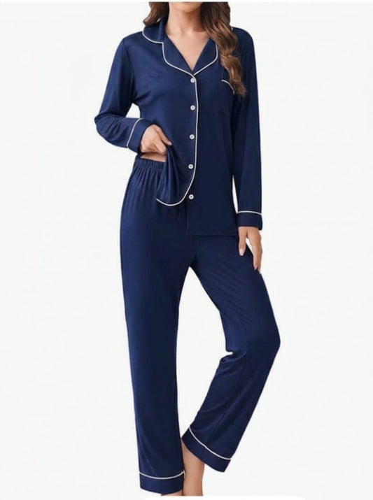 Navy Blue Button Down PJ Set For Her