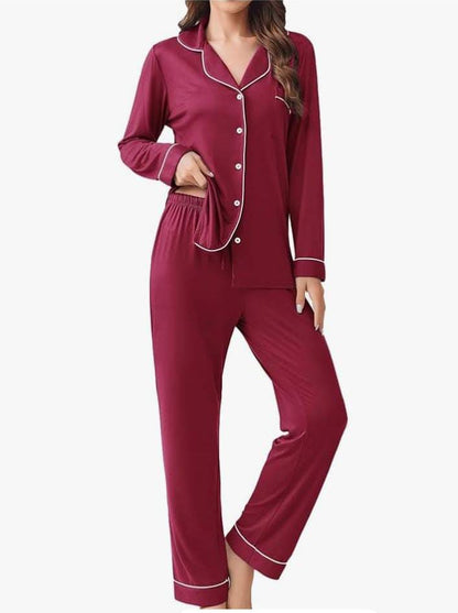 Maroon Button Down PJ Set For Her