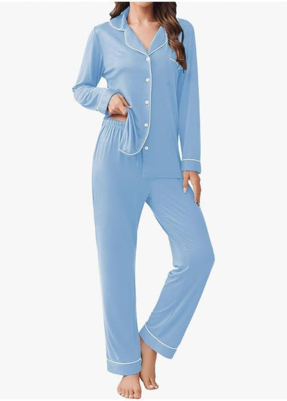 Sky Blue Button Down PJ Set For Her