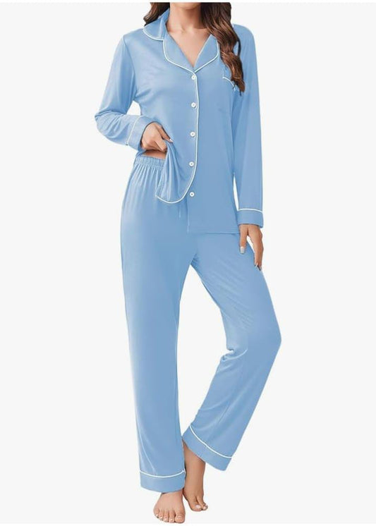 Sky Blue Button Down PJ Set For Her