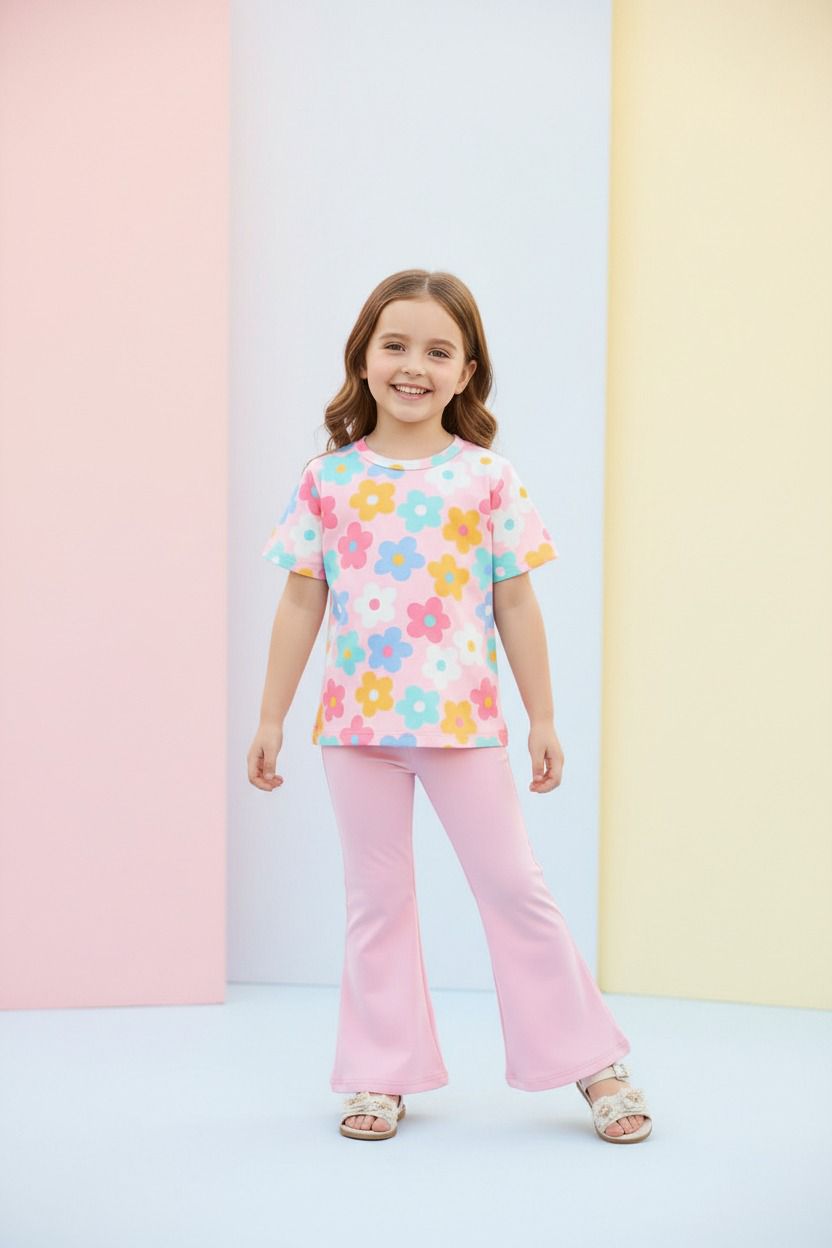 Pink Floral Printed Half Sleeves Kids Suit