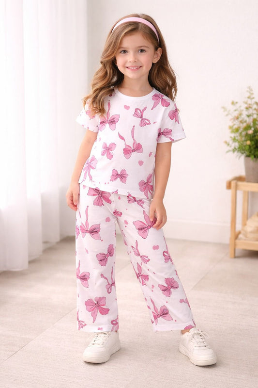 White with Pink Bow Printed Half Sleeves Kids Suit