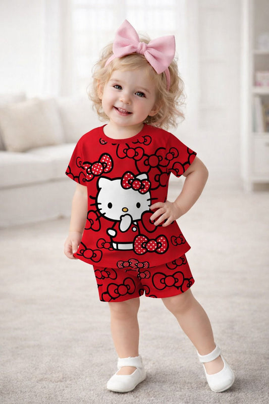 Red Hellow Kitty Printed Half Sleeves Kids Suit