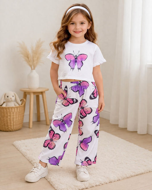 White Multi Butterfly Printed Half Sleeves Kids Suit
