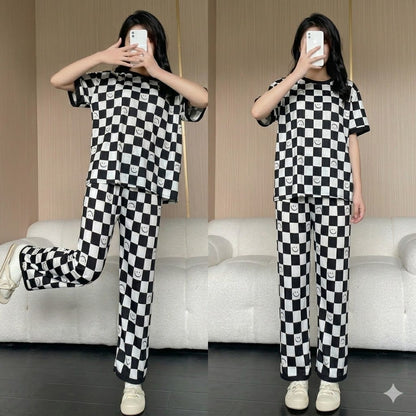 Off White with Black Cheq Smiley Half Sleeves Printed PJ Set For Her